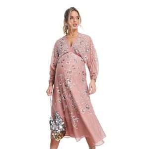 🆕 NWT NIB ASOS Design Maternity Floral Embroidered Batwing Midi Dress in Rose